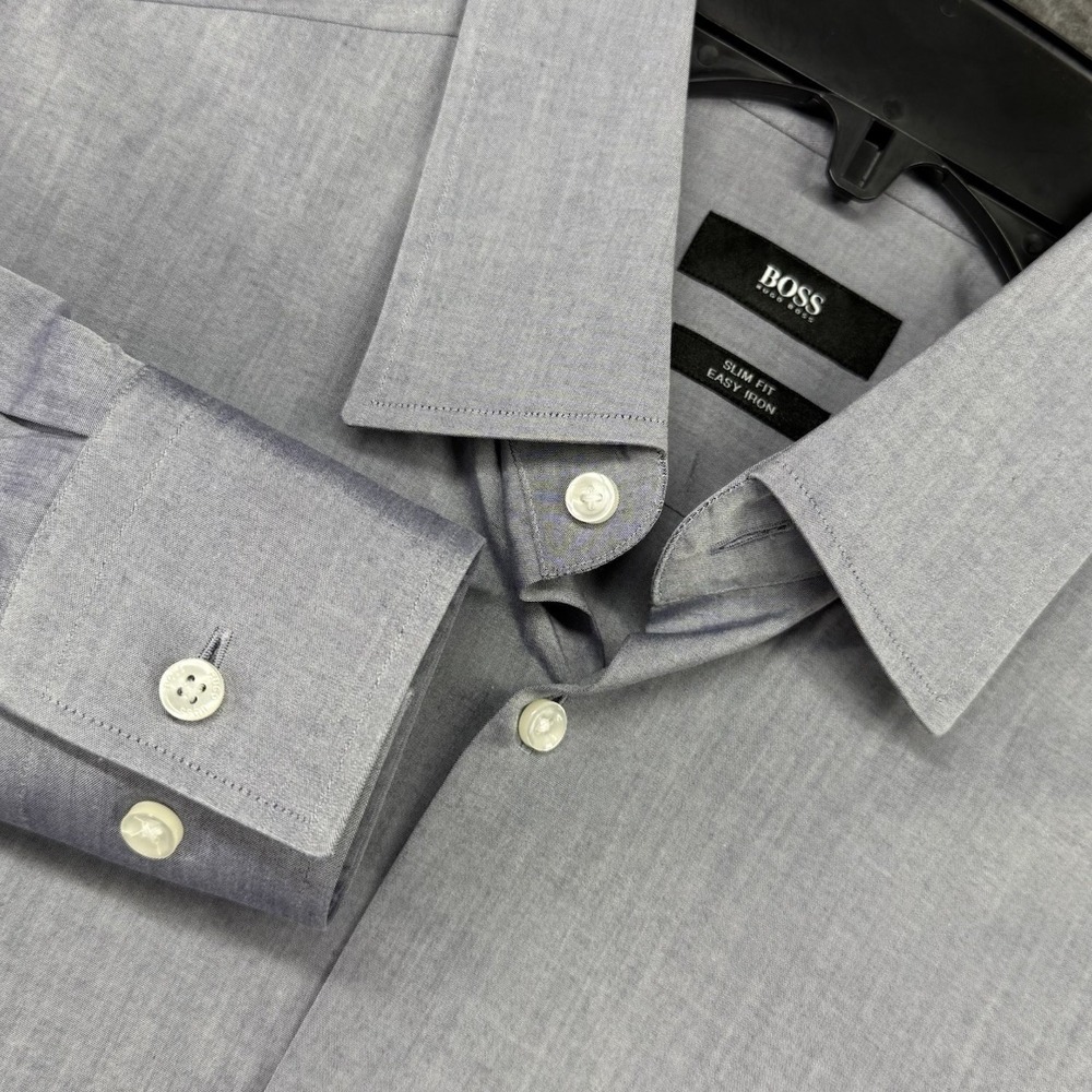 BOSS Hugo Boss Mens Shirt Slim‎ Fit Large Gray Long Sleeve Easy Iron Dress